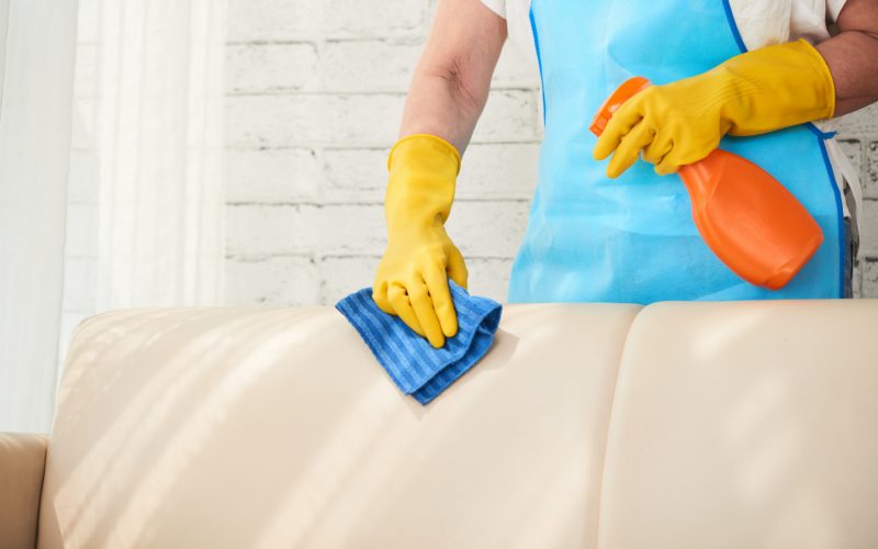 mid-section-of-unrecognizable-housekeeper-wiping-leather-sofa-with-leather-polish-spray